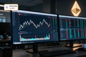 Ethereum Treasury Strategy visualized with ETH price chart, staking and DeFi activity on a pro trading desk.