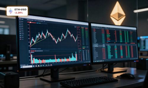 Ethereum Treasury Strategy visualized with ETH price chart, staking and DeFi activity on a pro trading desk.