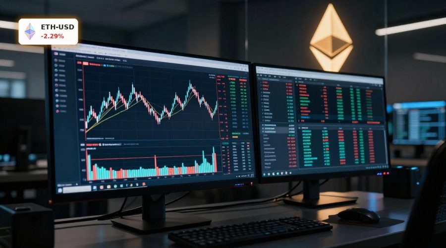 Ethereum Treasury Strategy visualized with ETH price chart, staking and DeFi activity on a pro trading desk.