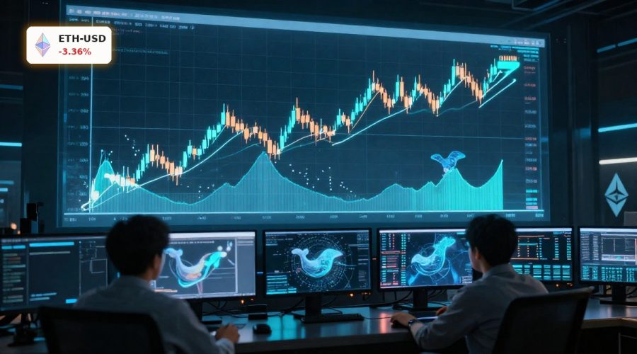 Ethereum Market Analysis of ETH breakout with whale accumulation and key support levels on a trading desk chart.