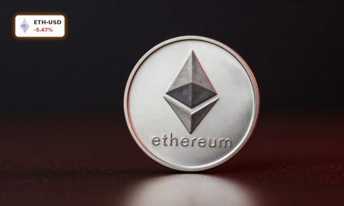 Ethereum Plunge shown with a physical ETH coin on dark background under red lighting amid ETF outflow concerns