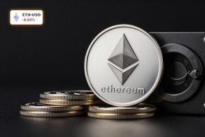 Ethereum Treasury Strategy concept with Ethereum coins in a premium treasury-style studio setup