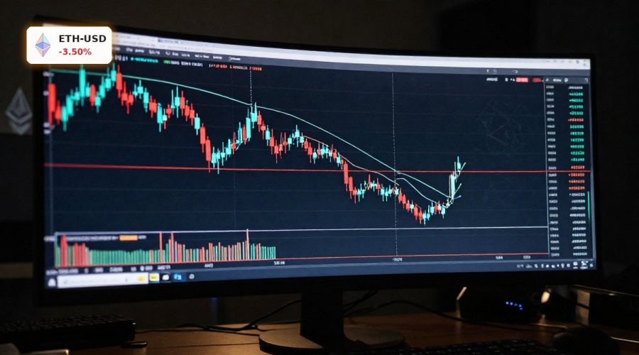 Ethereum Market Analysis chart with ETH price pullback and support resistance levels on a trading screen.
