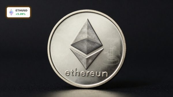 Ethereum Market Analysis with metallic ETH coin on dark background as ETHUSD jumps amid weaker dollar sentiment
