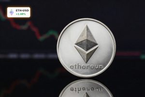 Ethereum Valuation concept with ETH coin under dramatic light hinting at downside risk