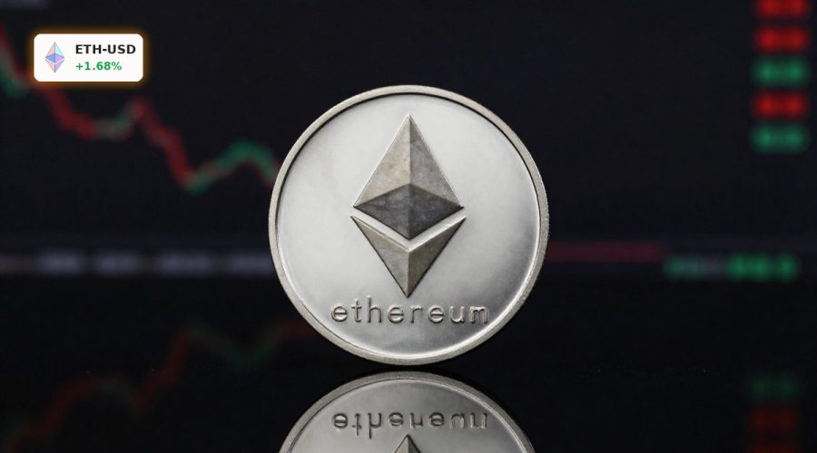 Ethereum Valuation concept with ETH coin under dramatic light hinting at downside risk