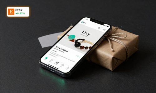 Etsy Earnings optimism shown by smartphone app and parcel symbolizing rising marketplace profits