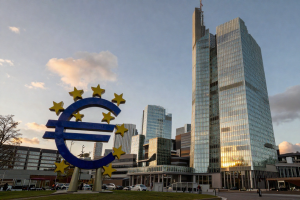 European Central Bank Rate Hike worries reflected by ECB tower in Frankfurt at sunset