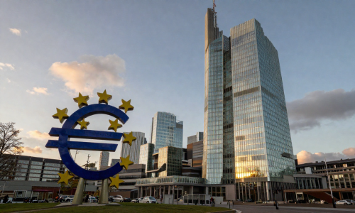 European Central Bank Rate Hike worries reflected by ECB tower in Frankfurt at sunset
