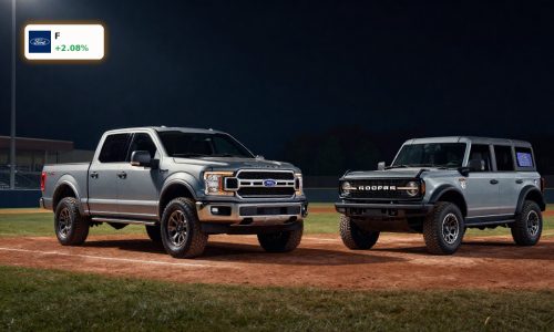 Ford MLB partnership trucks and SUVs showcased on a baseball field under stadium lights
