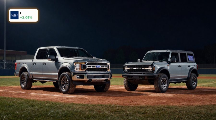 Ford MLB partnership trucks and SUVs showcased on a baseball field under stadium lights