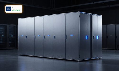 Ford Energy Storage battery units in a dark data center-style facility for AI and utility power