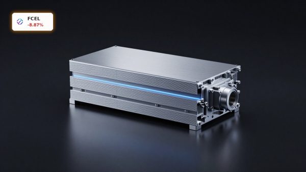FuelCell Energy Offering highlighted by a hydrogen fuel cell power module on a dark studio background