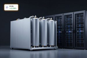FuelCell Energy Data Centers fuel-cell power block beside AI server racks for low-carbon data power