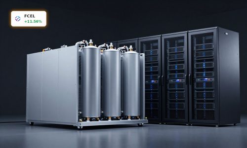 FuelCell Energy Data Centers fuel-cell power block beside AI server racks for low-carbon data power