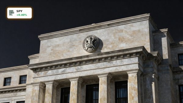 Federal Reserve Rate Path focus on Federal Reserve seal and building facade under dramatic lighting