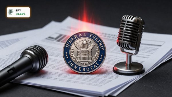 Federal Reserve Rate Outlook concept with Fed seal, briefing papers and hawkish policy mood