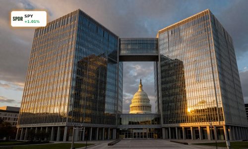 Modern US financial headquarters at sunset as Federal Reserve Rate Policy faces oil shock and stagflation risks