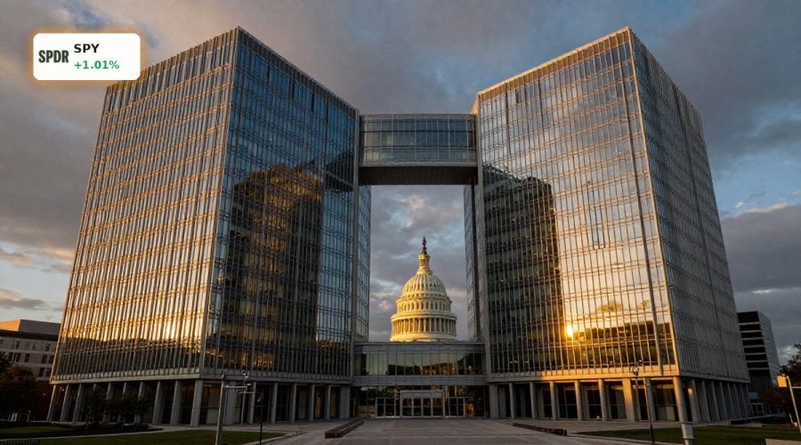 Modern US financial headquarters at sunset as Federal Reserve Rate Policy faces oil shock and stagflation risks