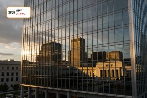 Modern financial district skyline symbolizing shifting Federal Reserve Rate Outlook and tech market pressure