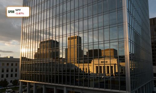 Modern financial district skyline symbolizing shifting Federal Reserve Rate Outlook and tech market pressure