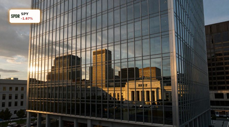 Modern financial district skyline symbolizing shifting Federal Reserve Rate Outlook and tech market pressure