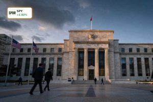 Federal Reserve Rate Policy shift visualized by a dramatic view of the Fed building and Wall Street district.