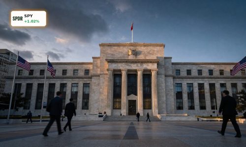 Federal Reserve Rate Policy shift visualized by a dramatic view of the Fed building and Wall Street district.