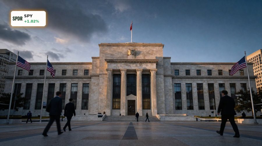 Federal Reserve Rate Policy shift visualized by a dramatic view of the Fed building and Wall Street district.