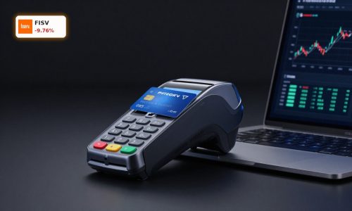 Fiserv Earnings concept with premium digital payment terminal and stock volatility lighting