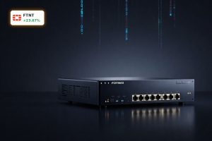 Fortinet Earnings optimism reflected by premium FortiGate firewall hardware in dramatic lighting