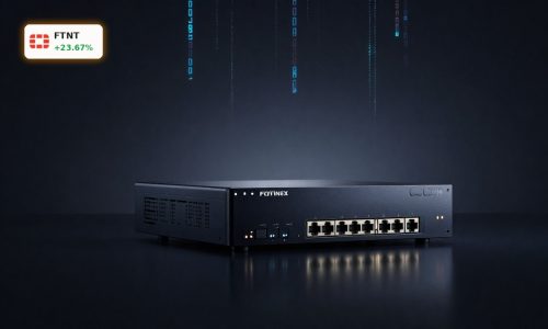 Fortinet Earnings optimism reflected by premium FortiGate firewall hardware in dramatic lighting