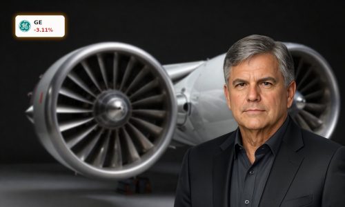 General Electric Aerospace jet engine in dark studio lighting reflecting market tension