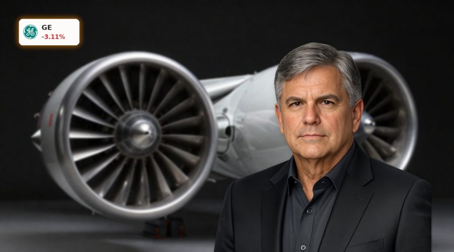 General Electric Aerospace jet engine in dark studio lighting reflecting market tension
