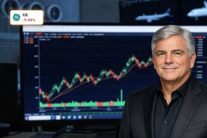 Trading screen with GE Aerospace Earnings reaction chart showing strong trend and short-term dip.