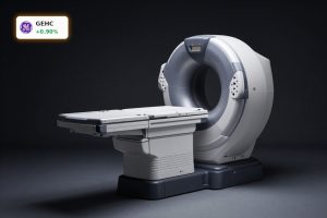 GE HealthCare Earnings spotlighted with premium CT and MRI scanners in a dark studio