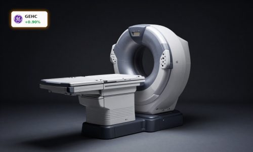 GE HealthCare Earnings spotlighted with premium CT and MRI scanners in a dark studio