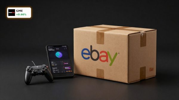 GameStop Acquisition concept with e-commerce parcel and gaming collectible on dark background