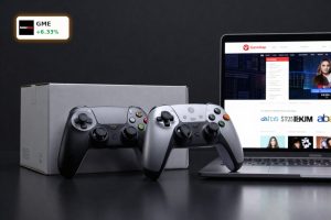 GameStop Acquisition concept with gaming gear and e-commerce laptop setup highlighting $56B eBay takeover bid