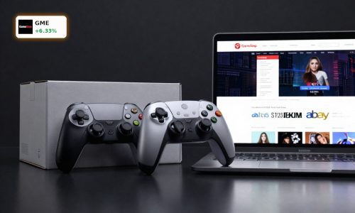 GameStop Acquisition concept with gaming gear and e-commerce laptop setup highlighting $56B eBay takeover bid