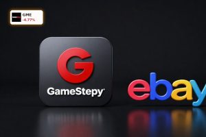 GameStop Acquisition concept with GameStop and eBay brands facing off in a high-stakes takeover scene