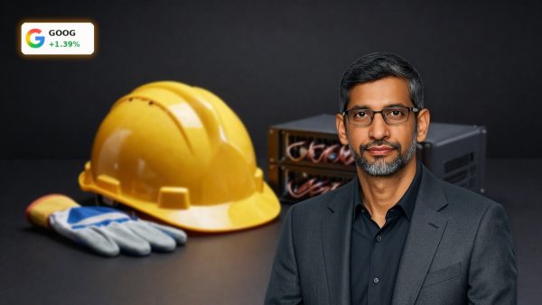 Google Workforce Investment concept with electrician gear and data center hardware for AI infrastructure training