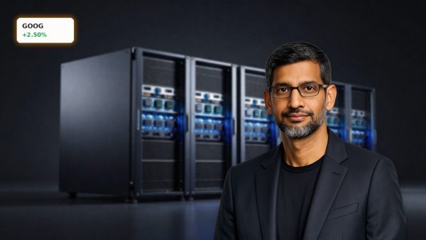 Alphabet AI Financing concept with AI chips and data center hardware in premium dark product-style scene
