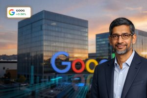 Alphabet AI Strategy highlighted by Google headquarters and AI cloud infrastructure theme