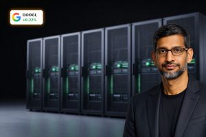 Alphabet AI Strategy visualized with Google Cloud servers and custom TPU racks in a modern data center