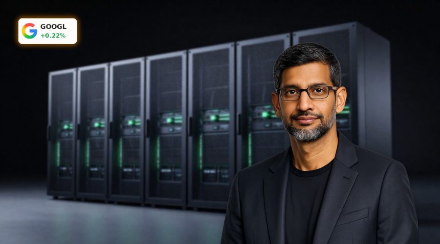 Alphabet AI Strategy visualized with Google Cloud servers and custom TPU racks in a modern data center