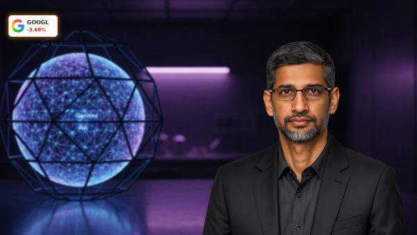 An abstract glowing AI network representing Alphabet Gemini trapped in a geometric bottleneck cage.