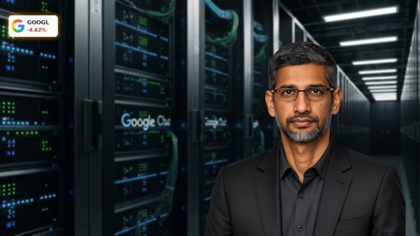 A glowing Google Cloud data center server room representing the massive Capex spending in the latest Alphabet Earnings.
