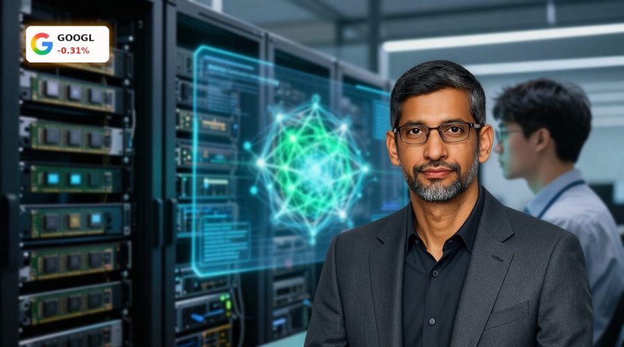 Alphabet TurboQuant AI data center scene highlighting reduced memory demand and chip efficiency