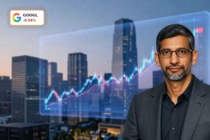 Alphabet AI Strategy visualized with volatile stock chart over tech campus, highlighting TPU edge and rising legal risk.